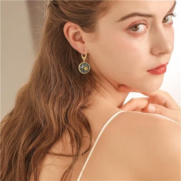 Vintage Sun & Moon Hoop Earrings | Boho Celestial Coin Dangle Jewelry - Picture 4 of 4